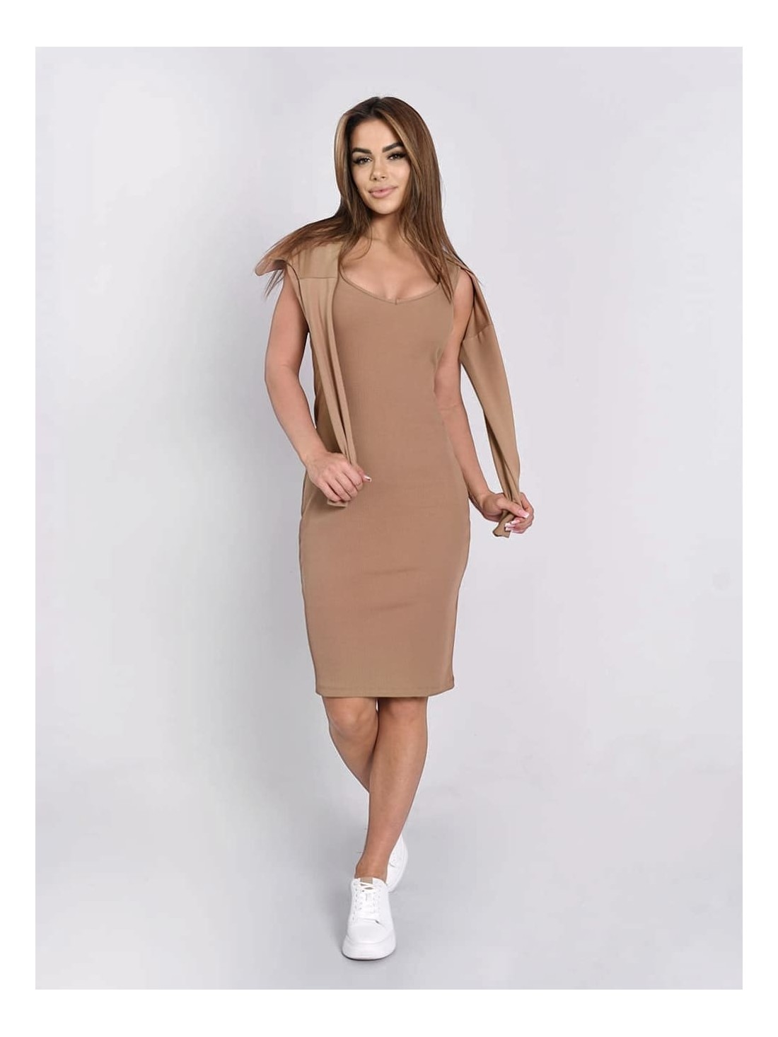 Women\'s set pencil dress with short oversized blouse beige FI765